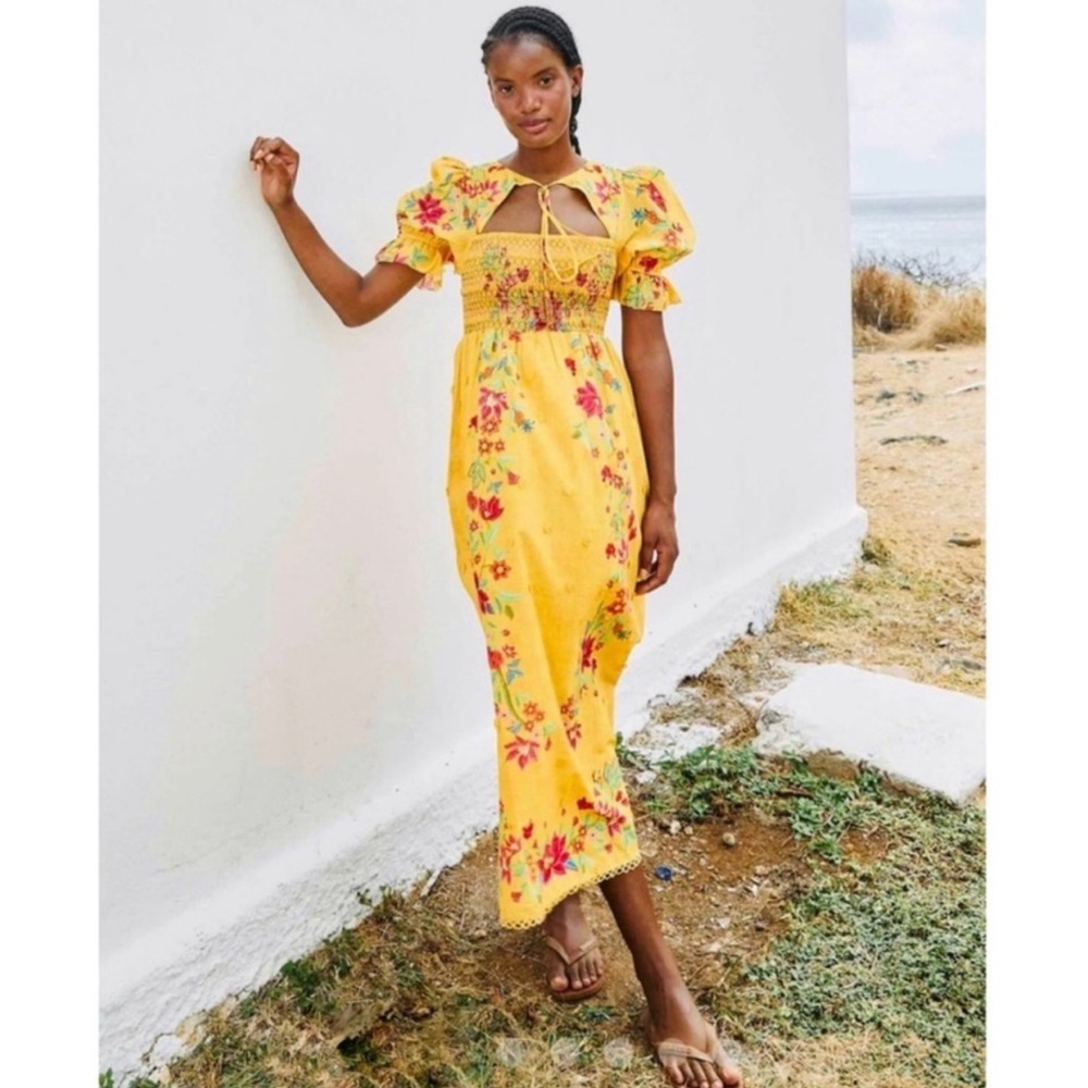 Farm Rio Flower Dream Maxi Dress Floral Embroidered Puff Sleeve Size Extra Small